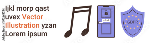 Cybersecurity, data privacy, compliance, digital security, intellectual property, online safety. Shield with GDPR text, padlock door and a music note. Cybersecurity and data privacy concepts