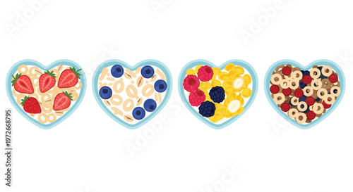 Four transparent heart shaped bowls are filled with a variety of breakfast cereals mixed with fresh strawberries blueberries and raspberries on a white background.