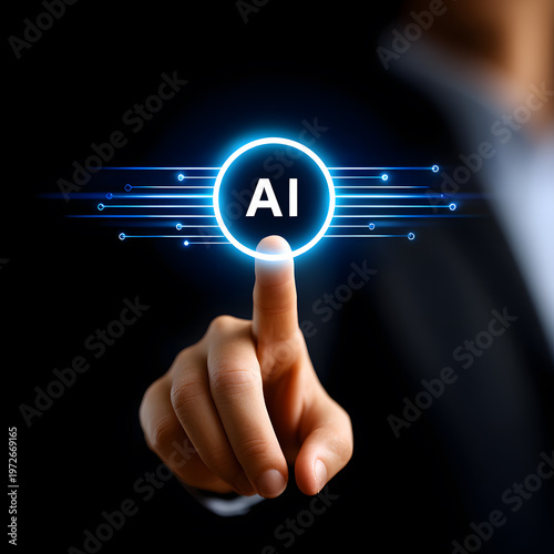AI Technology Interface: A person's finger presses the AI button with a glow effect, representing the concept of technology and artificial intelligence.