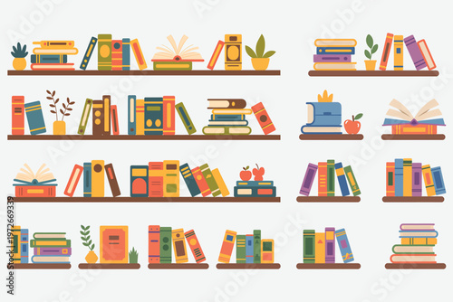 A colorful illustration of bookshelves with various books and decorative items isolated on white background, Vector