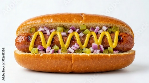 Close-Up Photo of Delicious Hot Dog with Mustard and Pickles in a Bun