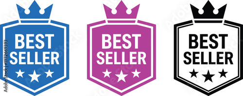Three best seller badges in blue, pink, and black on a white background