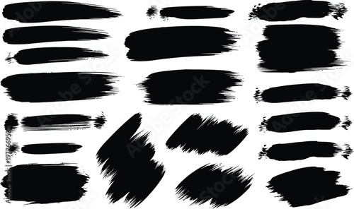 Collection of diverse black brush strokes and textures for artistic and design applications