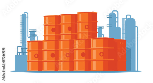 Multiple tiers of orange industrial barrels stand prominently in the foreground against a backdrop of blue silhouettes depicting a large oil refinery complex.