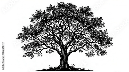 Vector Illustration of Large Tree with Dense Foliage in Landscape Style