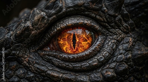 Close-Up Photo of Dragon Eye with Fiery Pupil and Scaly Skin Detail