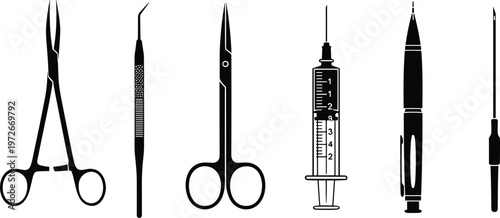 Medical tools silhouette vector illustration, surgical instruments set, healthcare equipment collection, syringe, scissors and dental tools, black and white clinical icons isolated