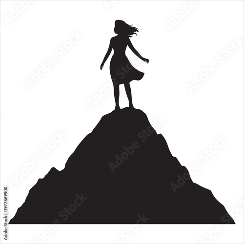Woman silhouette standing on mountain peak vector illustration, freedom adventure nature design