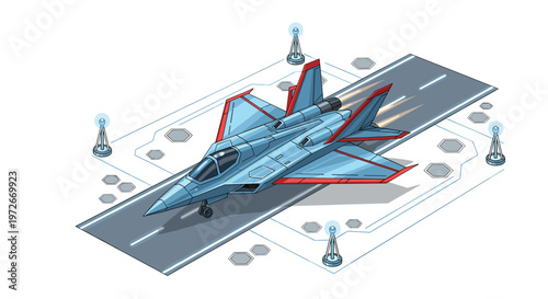 A sophisticated blue stealth fighter jet with vibrant red wing tips moves along a futuristic runway illuminated by glowing blue electronic light circuits.