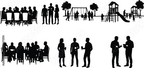People silhouette collection vector illustration, social gathering, family activities, playground scene, business meeting and conversation concepts, black and white human figures isolated
