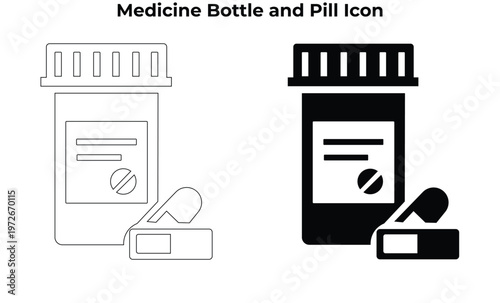 Medicine Bottle and Pills Icon Set  Medical Pharmacy Outline and Solid Style Vector EPS Collection