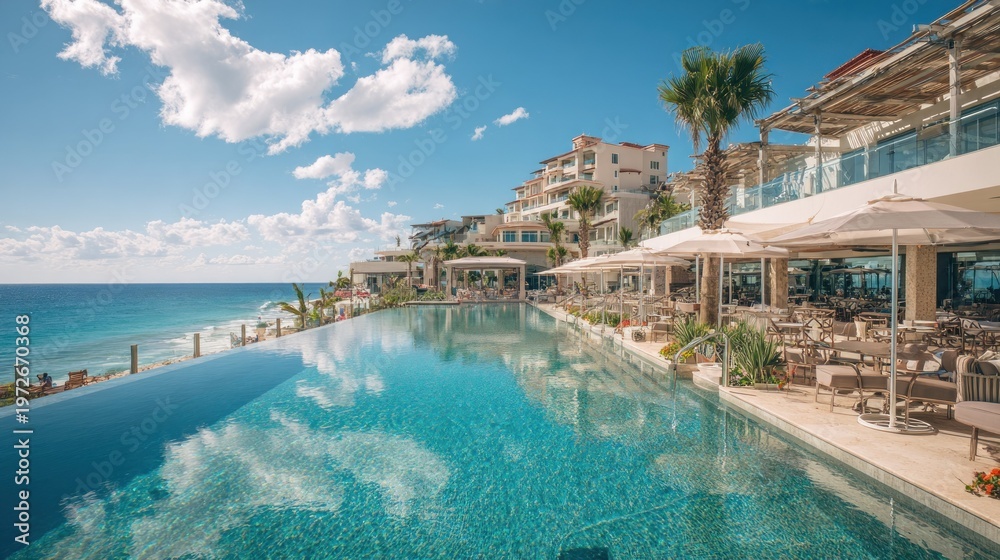 Fototapeta premium Luxury resort infinity pool overlooking ocean under blue sky and clouds