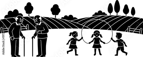 Silhouette vector illustration of elderly men with walking sticks watching children jump rope in a peaceful rural farm landscape with rolling hills.