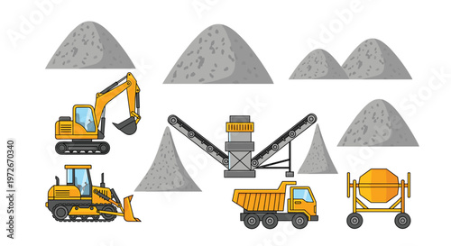 A comprehensive collection of yellow heavy construction machinery icons including a powerful excavator and bulldozer sits against a basic white background.