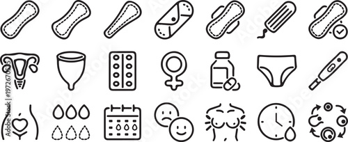 Line icons of feminine hygiene products and menstrual cycle symbols on white background