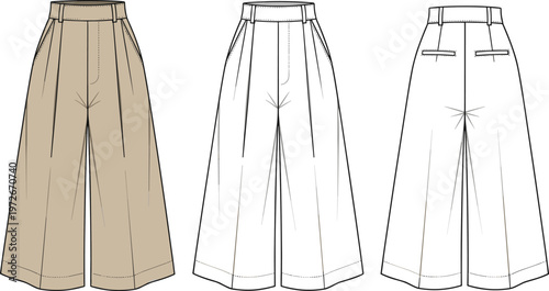 Women wide leg pants technical flat sketch front back and side view high waist fashion illustration template clothing design