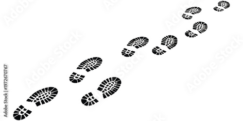 A sequence of black boot prints leading forward across a clear and solid white isolated background