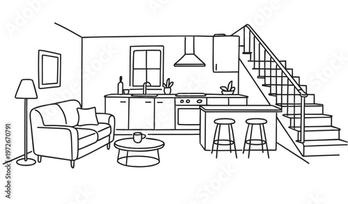 Living room graphic black white home interior sketch illustration vector, staircase