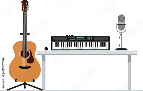 Acoustic guitar, keyboard synthesizer, and microphone in music studio setup