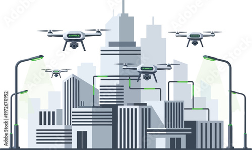 Drones flying over modern city skyline with streetlights depicting smart city
