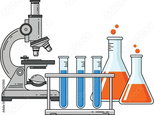 Laboratory equipment with microscope, test tubes, and beakers for scientific res
