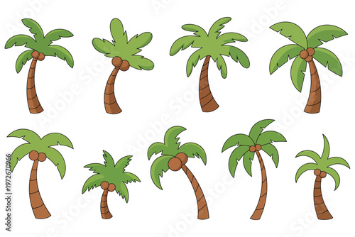 A group of cartoon palm trees on white background isolated on white background, Vector
