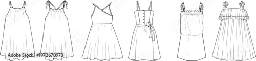Fashion flat sketches of four summer dresses, spaghetti strap tie shoulder criss cross corset belt midi dress, vector line art