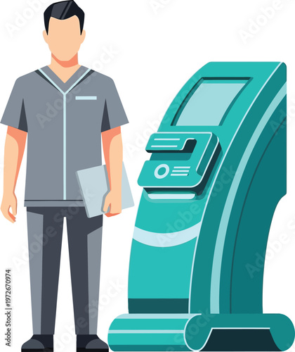 Male medical professional next to healthcare kiosk for patient self service