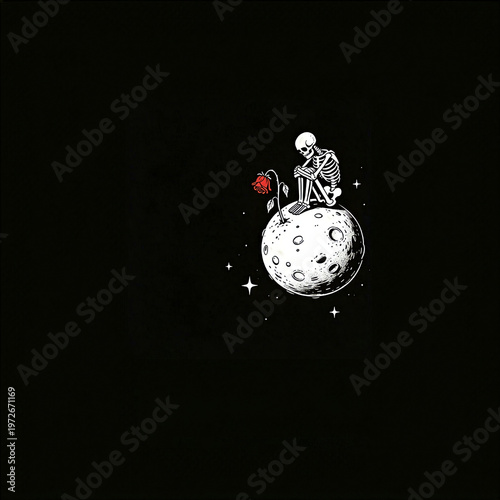 A monochrome pen-and-ink-style illustration of a small skeleton sitting on top of a single, cratered moon, gazing at a single red rose. It is set against a solid black, starry night sky.