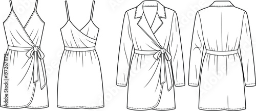 Fashion flat sketches wrap dress and wrap robe set, front and back views, vector line art for clothing design