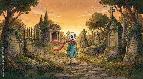 An illustration of a whimsical skeleton wearing a tiny crown, a red scarf, and a teal double-breasted coat, standing on a cobblestone path 