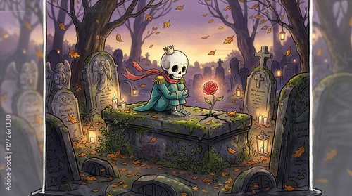 A detailed, textured illustration of a skeleton, wearing a tiny crown, a red scarf, and a teal coat, sitting pensively on a moss-covered tomb in an old, autumnal graveyard. Fallen 