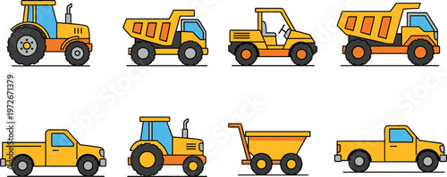 Set of cartoon construction vehicles including tractor dump truck loader pickup truck in flat vector style isolated on gray background