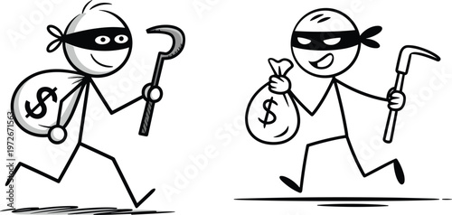Humorous cartoon stick figure burglar thief running away with money bag dollar sign and crowbar black and white vector illustration