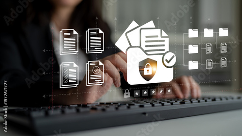 A professional working on document management with a focus on cybersecurity, highlighting secure data handling in a modern office environment. Ledger