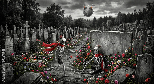 Dramatic composition with a walking skeleton and a sitting skeleton with small red crowns and red scarves in an old cemetery among the monuments and small pink roses.
