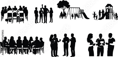 People social gathering silhouettes set, group conversation dining meeting playground activity scenes, community lifestyle interaction collection, isolated vector illustration bundle for design use