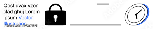 Data security, time management, cyber protection, punctuality, digital safety, privacy. A padlock and a clock symbol in minimalist style. Data security and time management concept