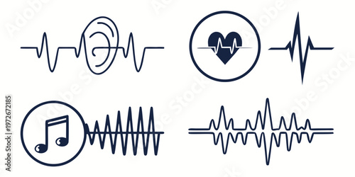 A black and white illustration of various musical note symbols and music accessories