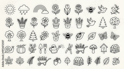 Vector Illustration of Nature and Gardening Elements in Hand-Drawn Style