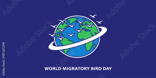 World Migratory Bird Day Banner with Birds Flying Around Planet Earth