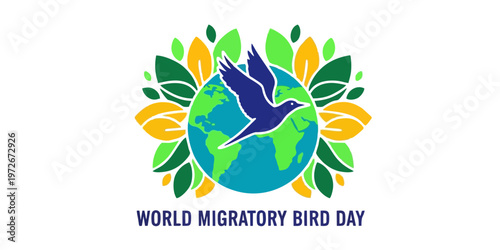 World Migratory Bird Day Vector Illustration with Flying Bird Silhouette and Globe