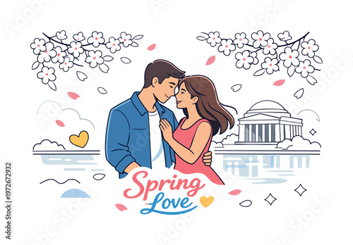 Romantic couple near cherry blossoms DC landmarks. A couple standing close under blooming cherry blossom trees