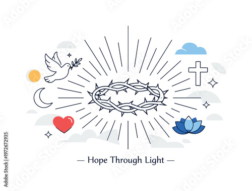 Radiant Crown of Thorns. Spiritual symbolism crown. A minimal crown of thorns centered with radiant light