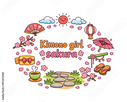 Kimono girl sakura. Hand drawn illustration of Kimono girl sakura. girl in kimono, cherry blossoms, sakura