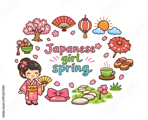 Japanese girl spring. Hand drawn illustration of Japanese girl spring. kimono girl, cherry blossom tree,