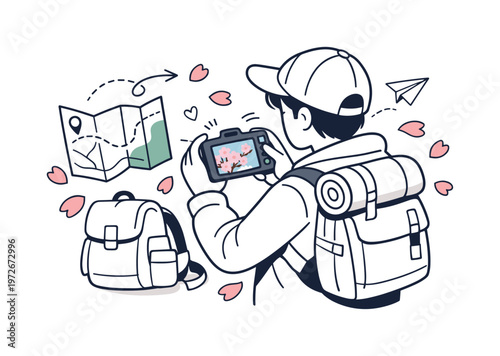 Capturing sakura season travel moments. A traveler checks photos on a camera screen showing cherry blossoms,
