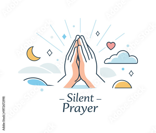Quiet prayer moment. Hands gently folded in prayer illuminated by soft glowing light, with abstract shapes and