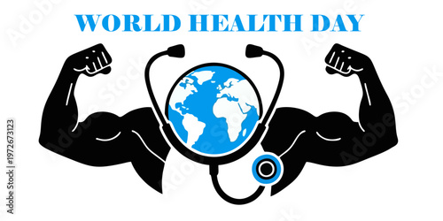 World Health Day Concept with Globe and Strong Muscular Arms Silhouette