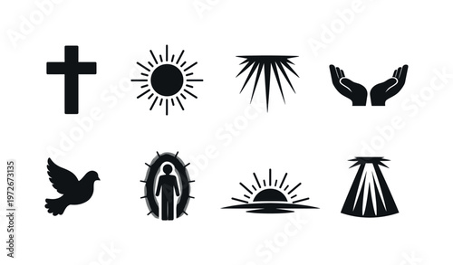 Salvation Through Light. Filled icon set of Salvation Through Light: cross silhouette, radiant sun, light rays